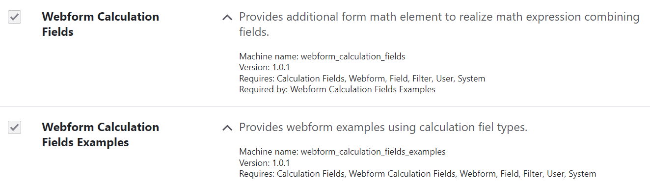 Enabling the Webform Calculation Fields and the Webform Calculation Fields Examples submodules.