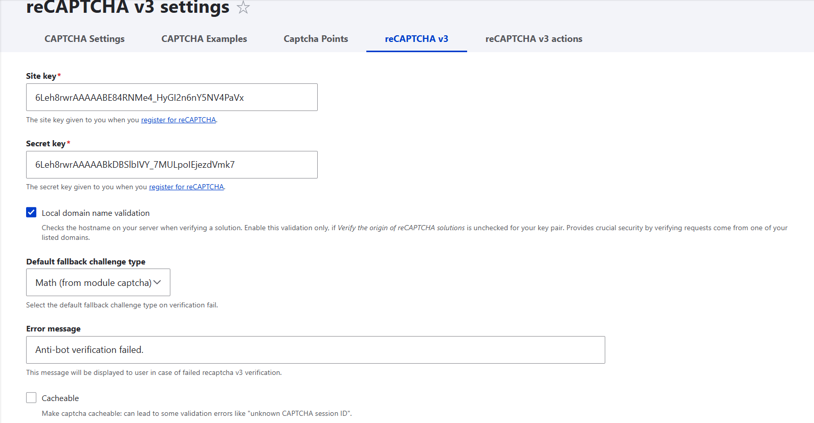 Entering the site key and secret key from v3 on your Drupal website