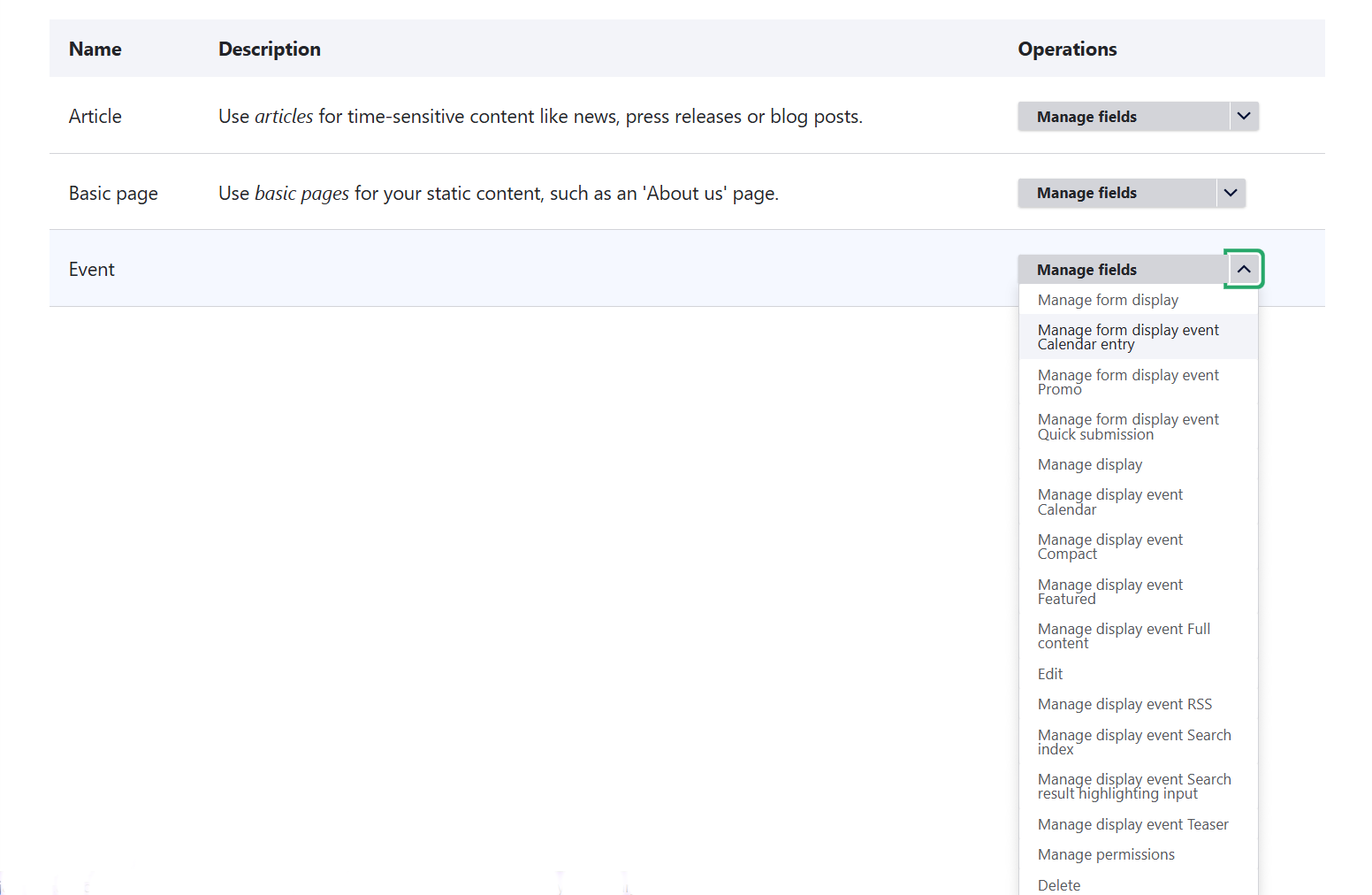Entity Display Modes Listing module: operations menu with quick access to Drupal display modes