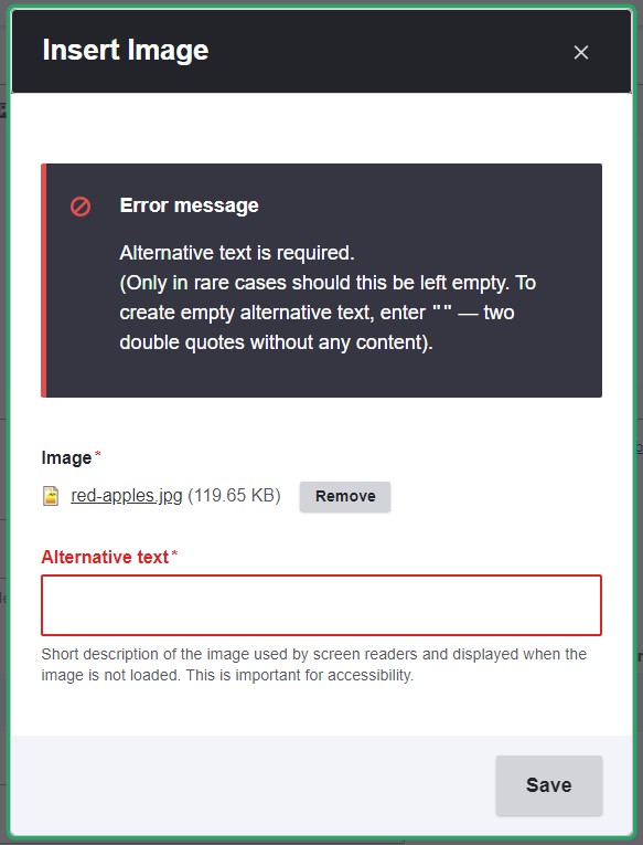 An error message about the required alt text in CKEditor 4.