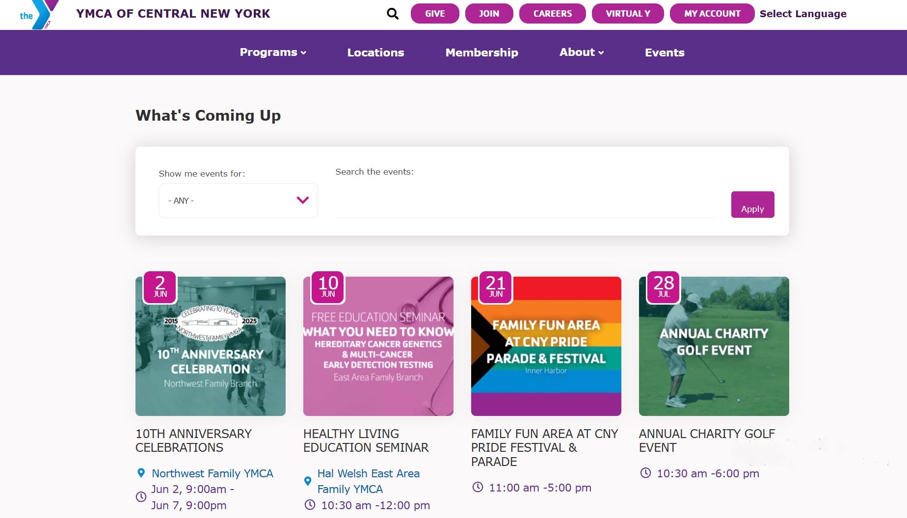 Events with a filter by location and a search box on our customer’s website: YMCA of Central New York