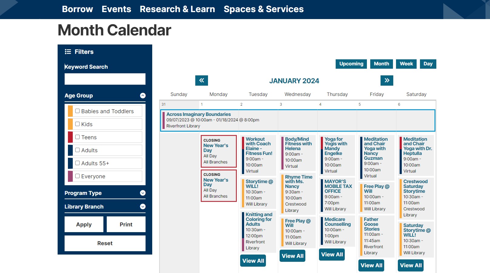 The “Events” section with a calendar view and search filters on Yonkers Public Library’s Drupal website.