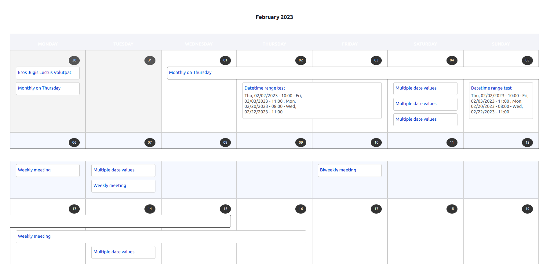 An example of a calendar with more complex dates.