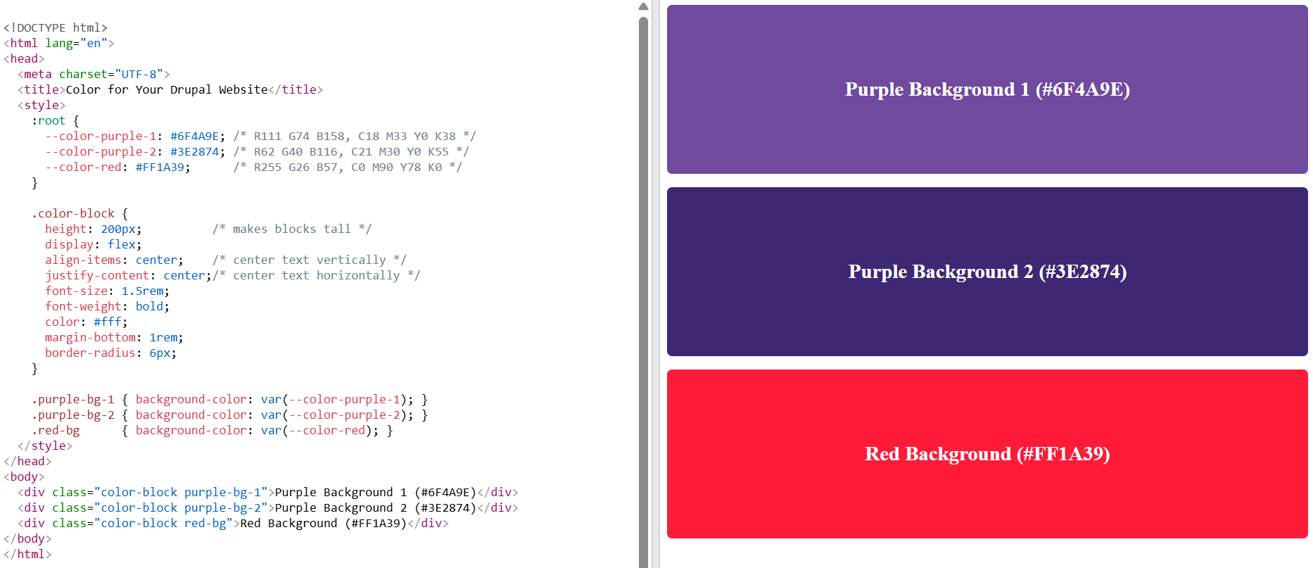 An example of code and its visual result for managing colours in a Drupal website’s theme