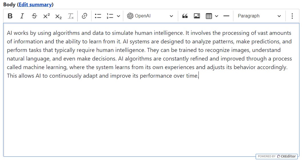 An example of AI-generated text based on the provided idea in CKEditor.