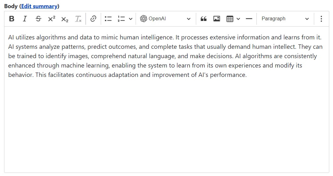 An example of AI-summarized text in CKEditor.