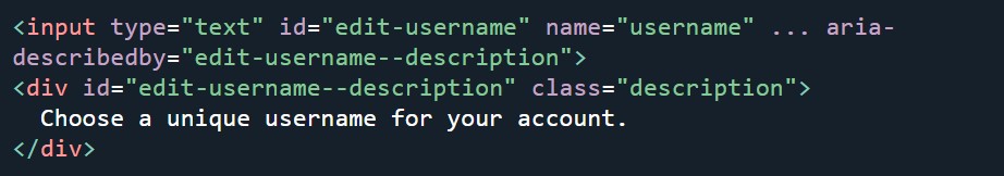 An example of a code snippet with the aria-describedby attribute in a form.