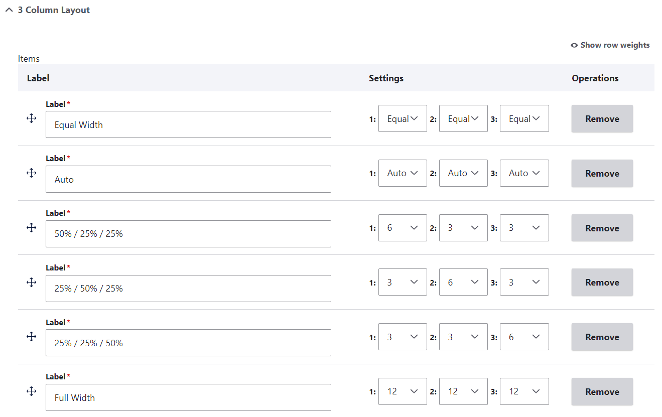 Example of settings for a grid layout.