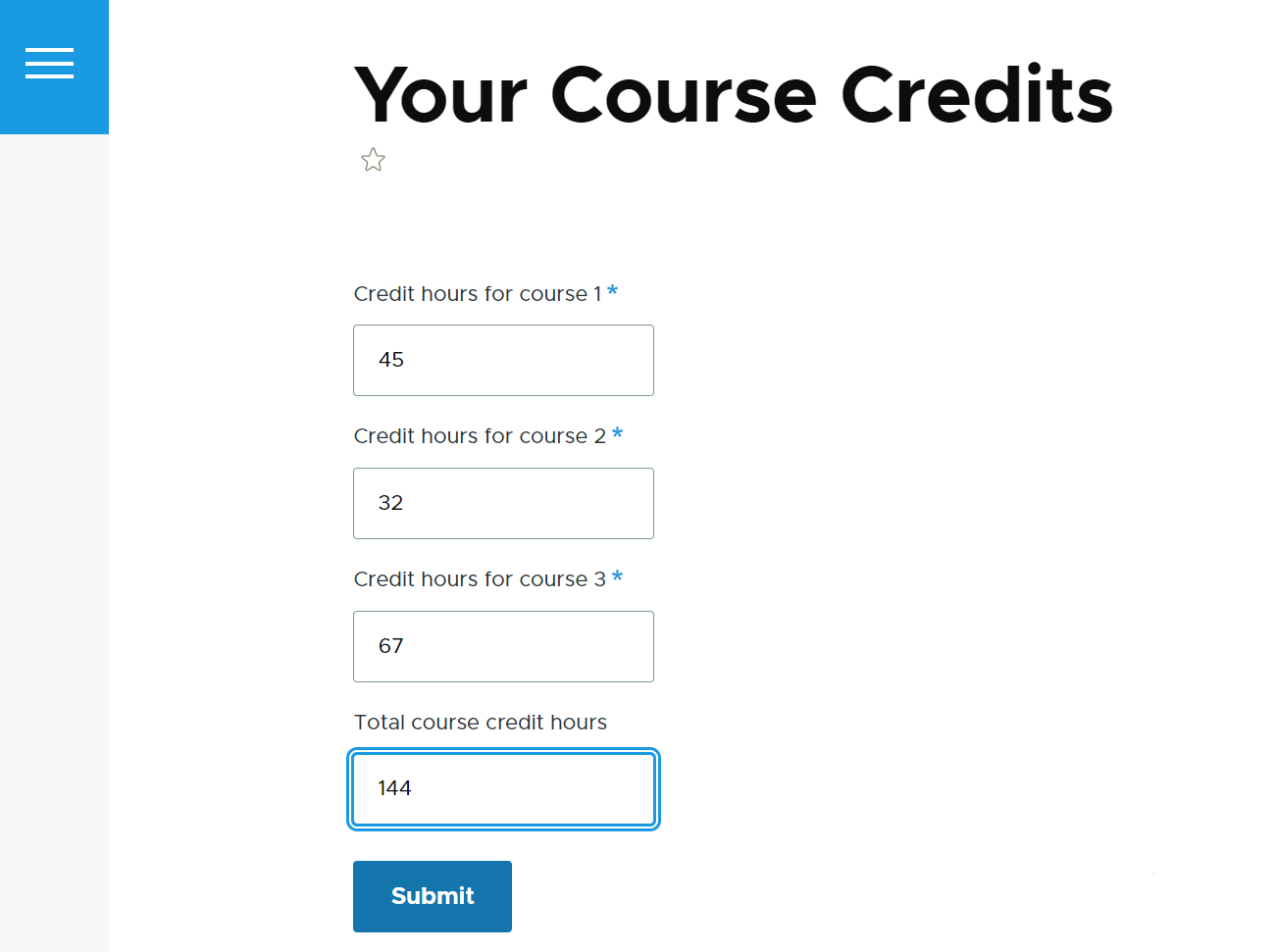 An example of a webform that calculates total credit hours.