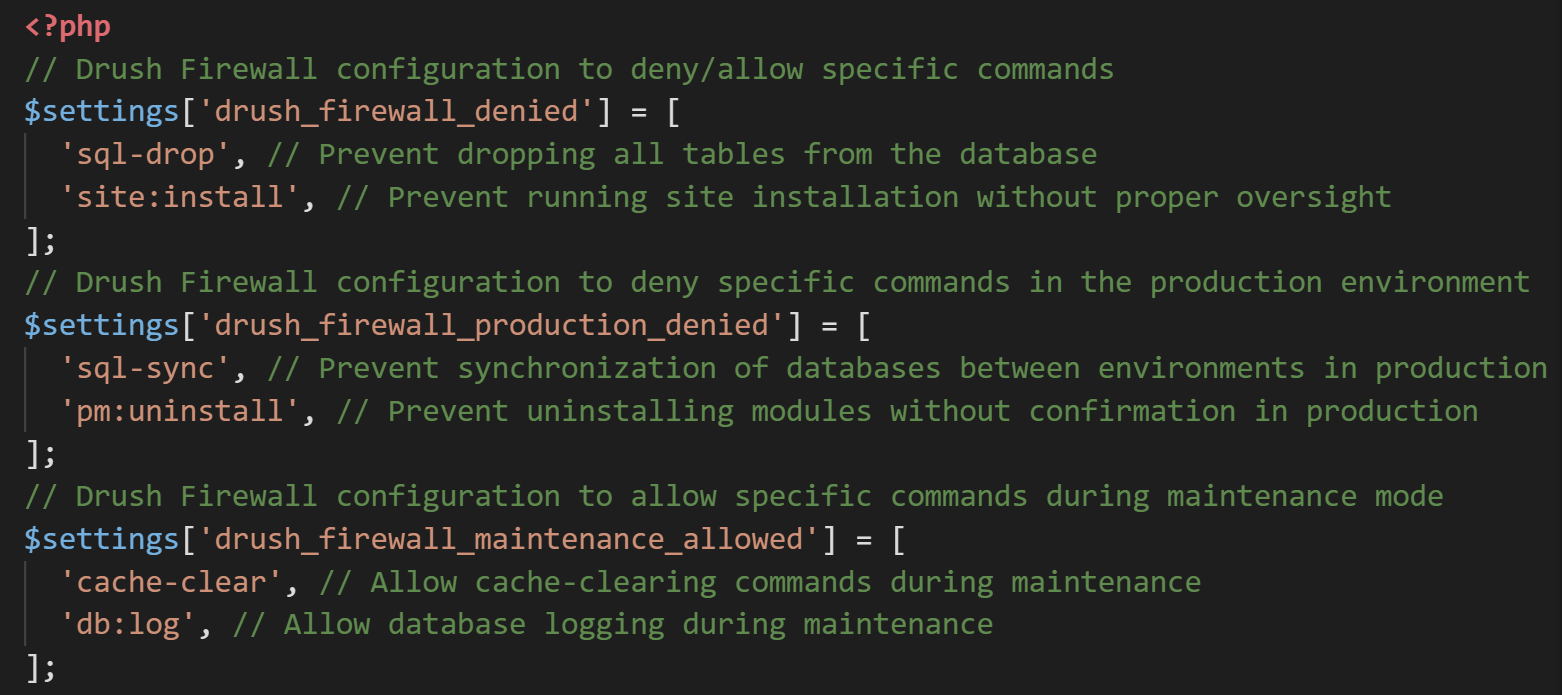 A screenshot of code for Drush Firewall settings in three modes.