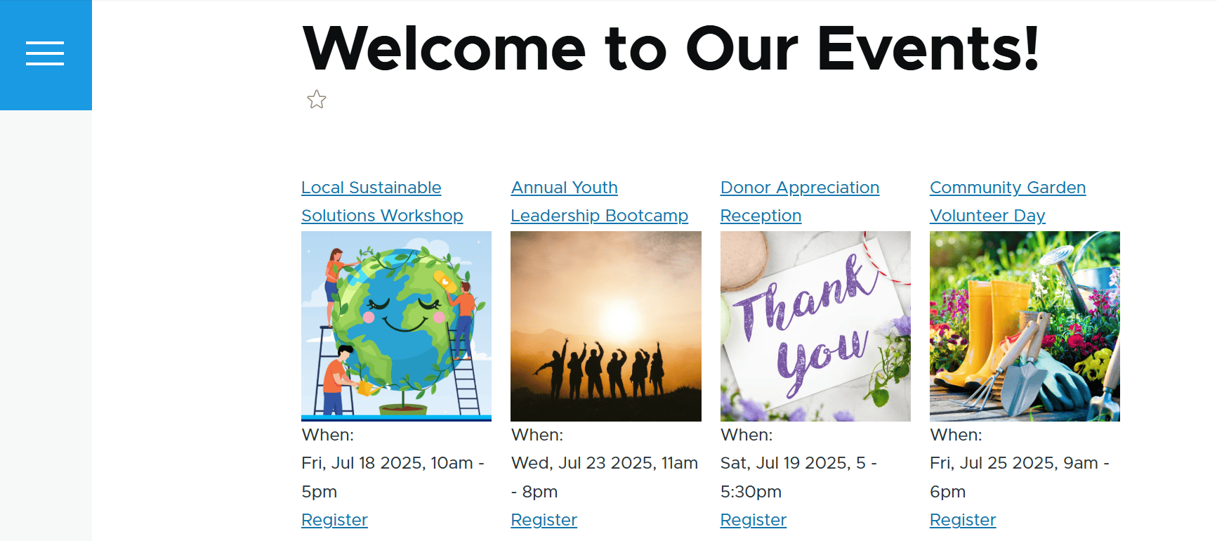 An example of a simple, unstyled event page built with Drupal Views
