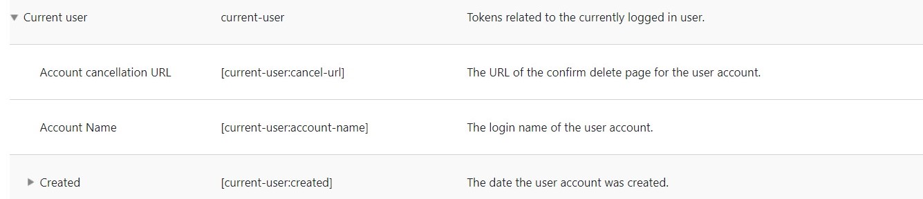 Examples of tokens from the page for browsing available tokens