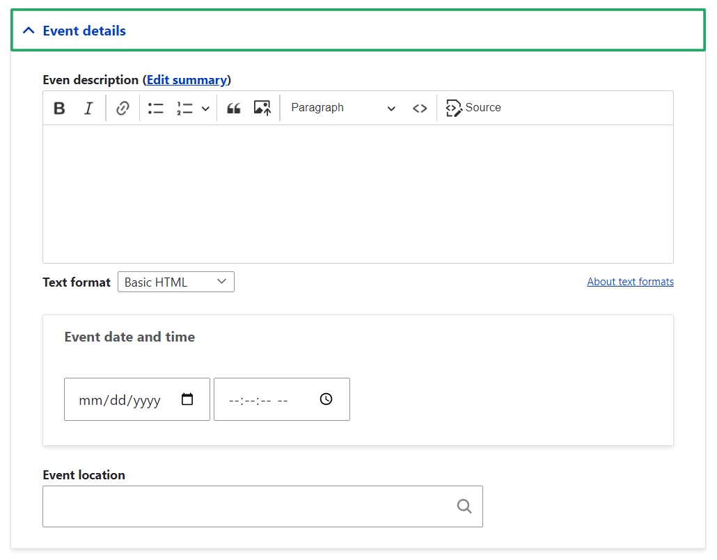 A field group for Event details in the content creation interface