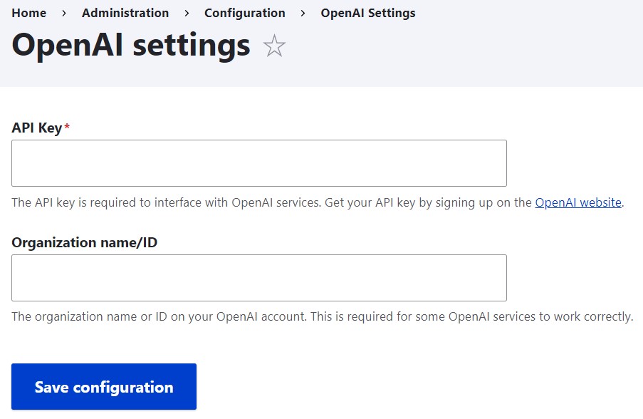 The fields for the credentials on the OpenAI settings page.