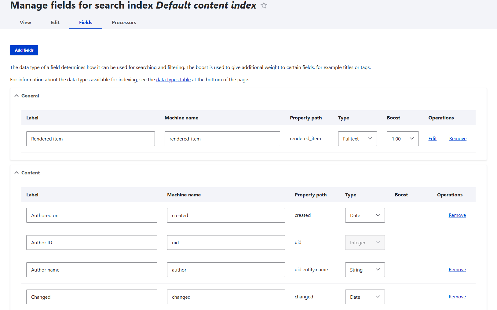 The ”Fields” tab of the settings for a search index in Search API’s interface