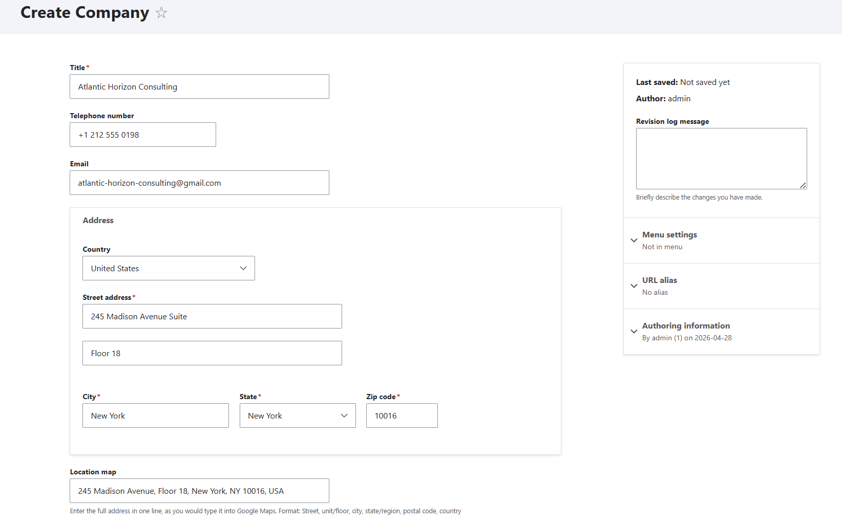 Filling out a company contact information in Drupal