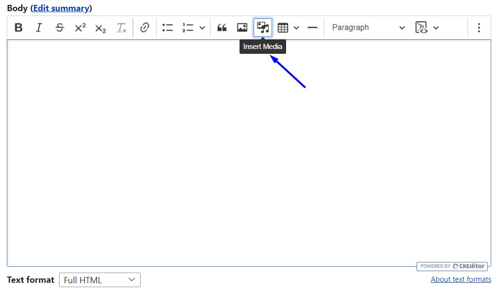 Finding the Media Library icon with keyboard on CKEditor toolbar.