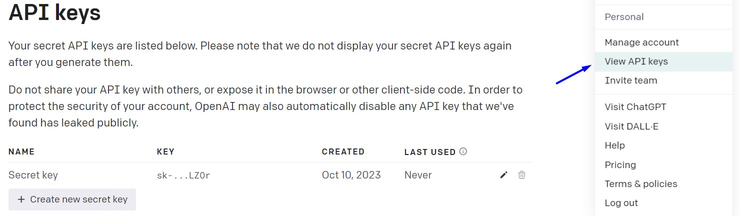 Finding the option to view API keys in the OpenAI user account menu.