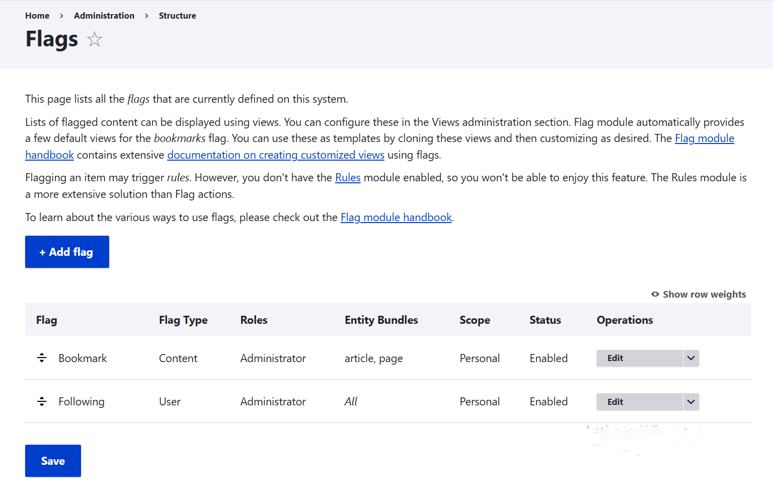 The flag management page in Drupal