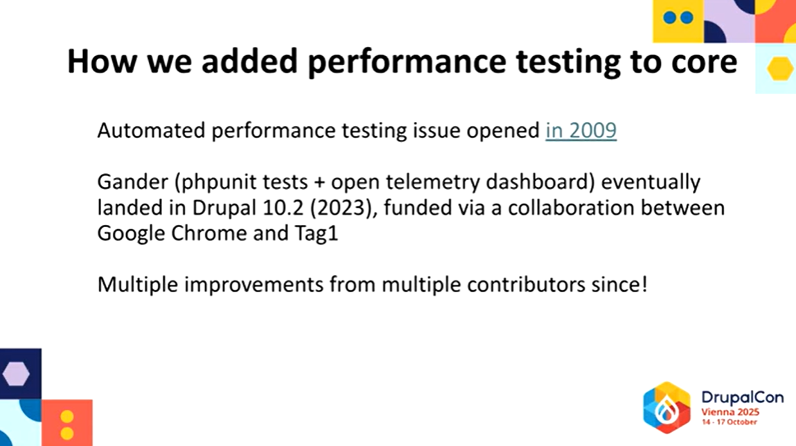 The Gander framework in Drupal core helps with automated performance testing