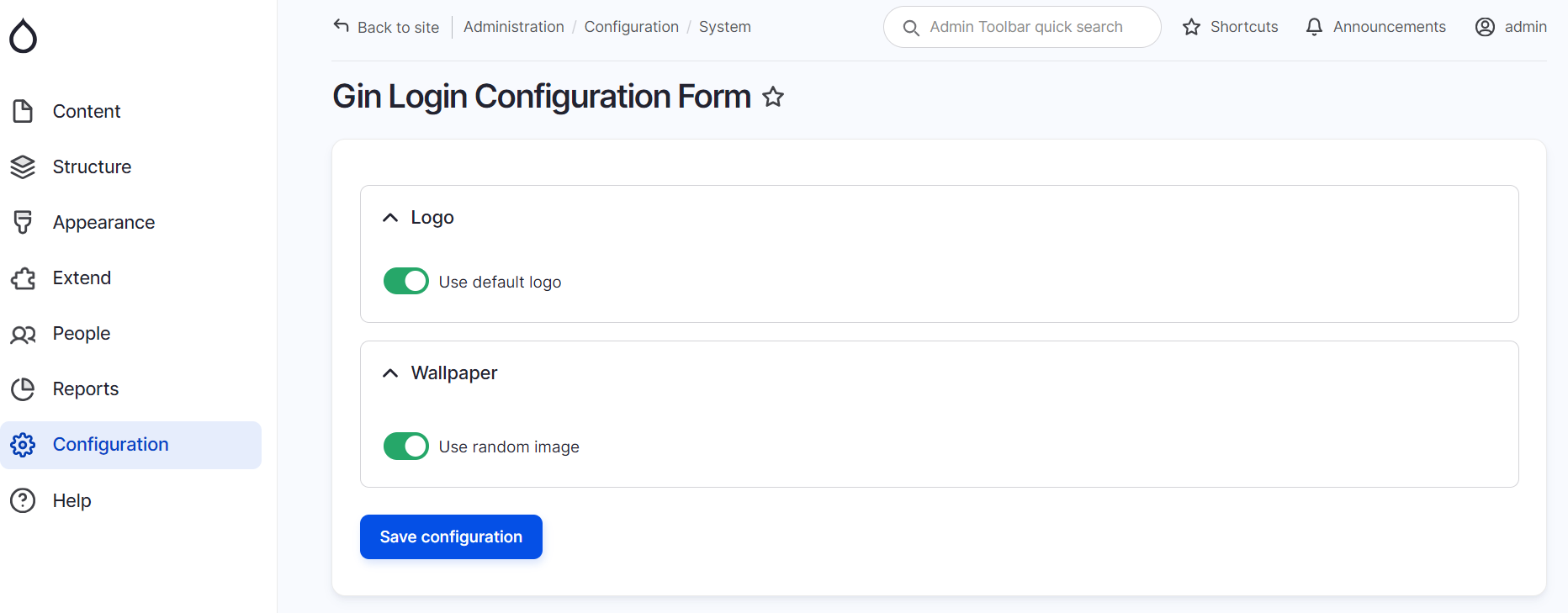 The Gin Login module’s settings.