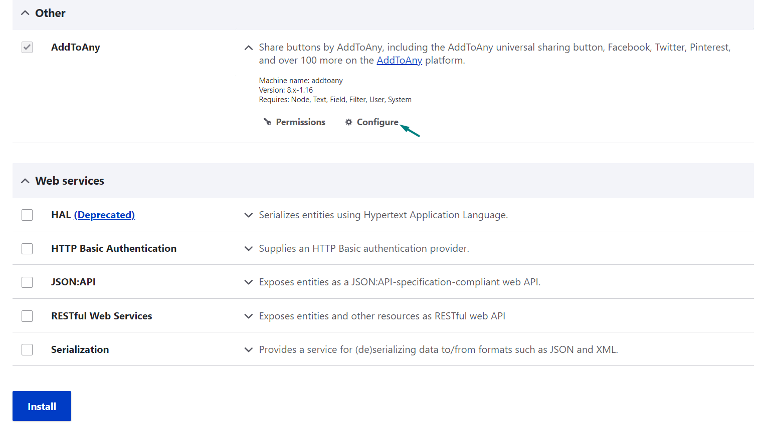 Going to the AddToAny Share Buttons module’s settings from the Extend tab.