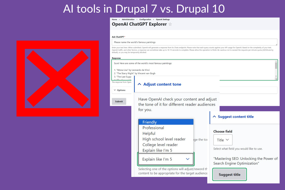 How AI tool integration looks in Drupal 7 and Drupal 10.