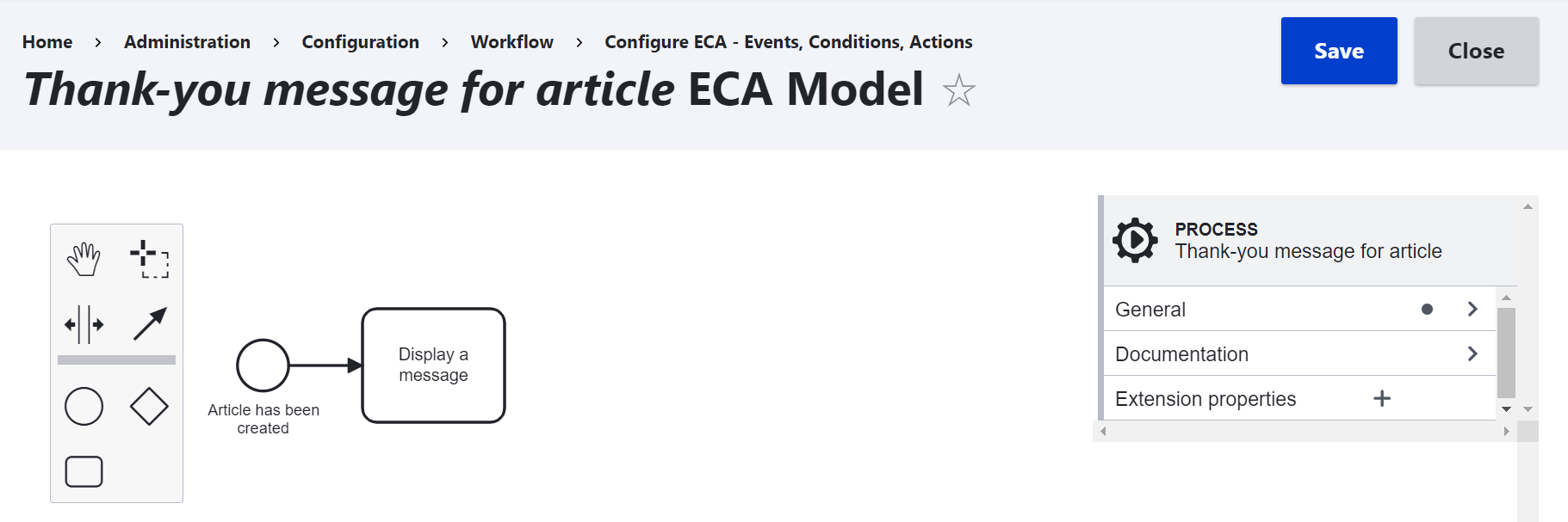 An example of a very simple ECA model in the BPMN interface.