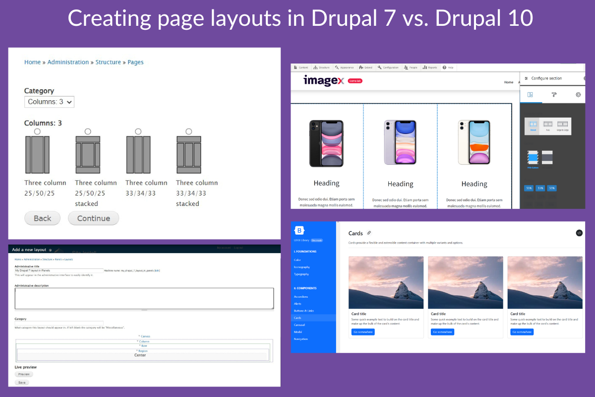 How page layout creation looks in Drupal 7 and Drupal 10.