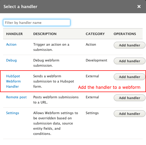 The Hubspot module: selecting a handler to a webform.
