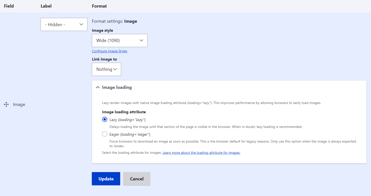 The new “Image loading” element in the field format settings