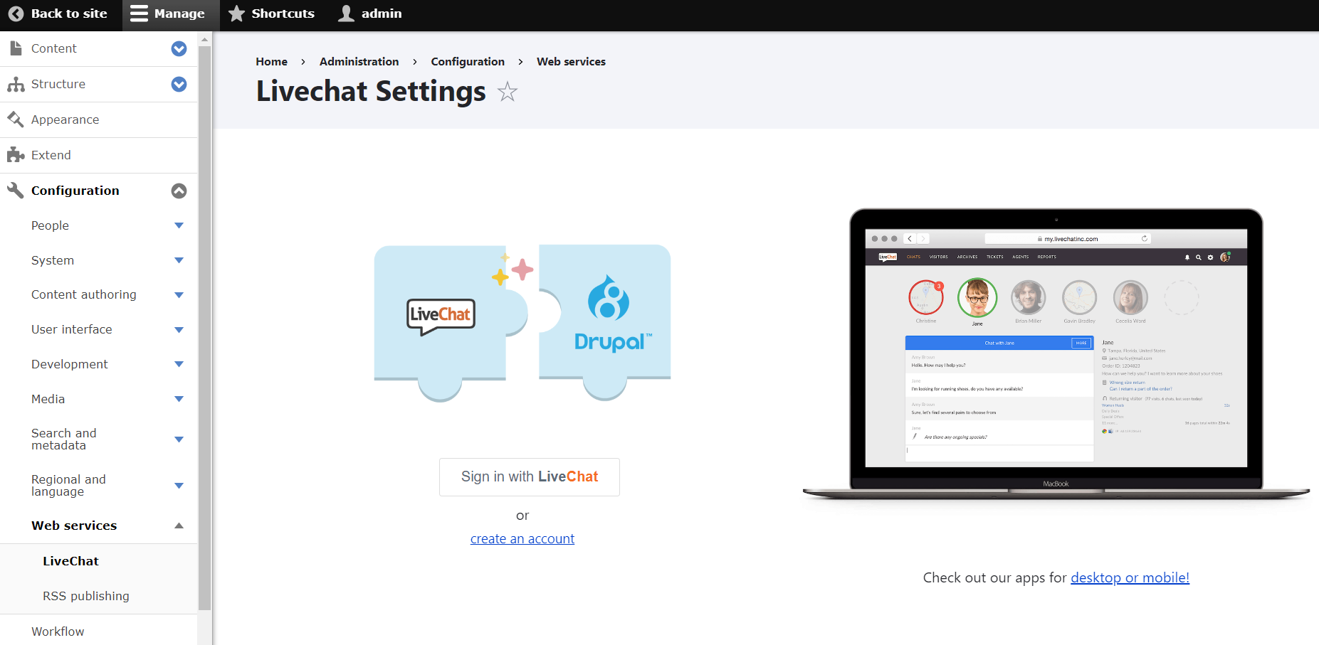 The module’s settings page before authentication.