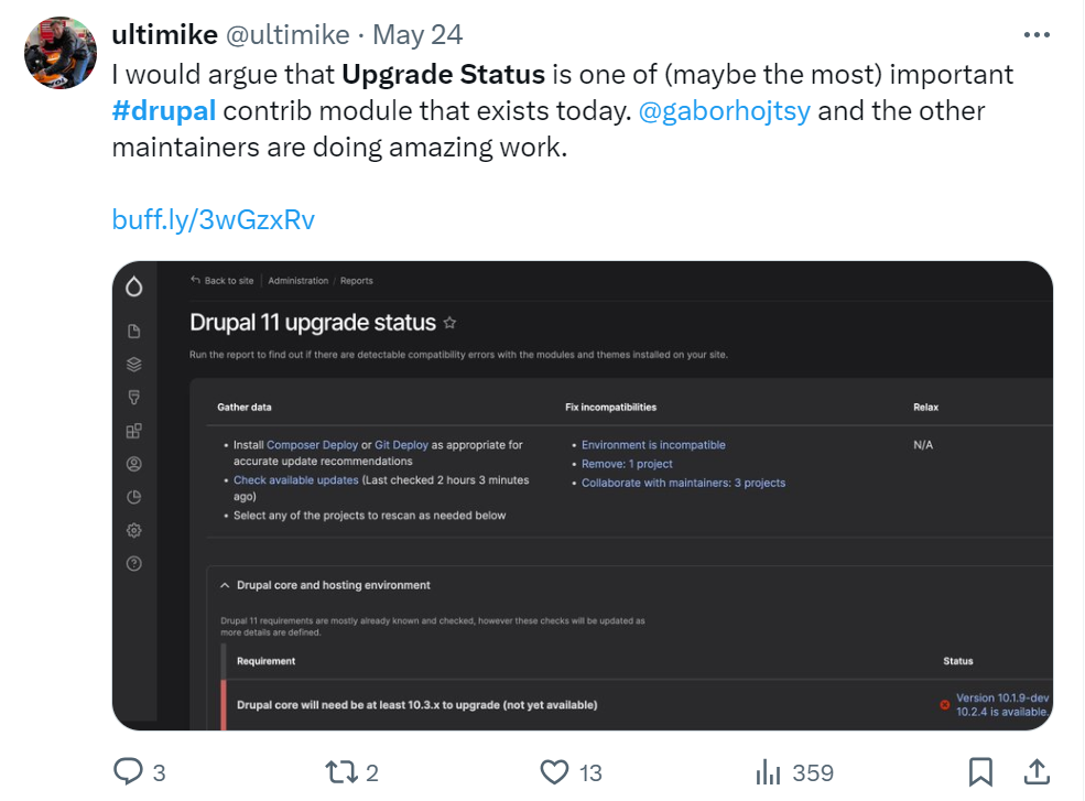 A tweet by Ultimike about the Upgrade Status module.