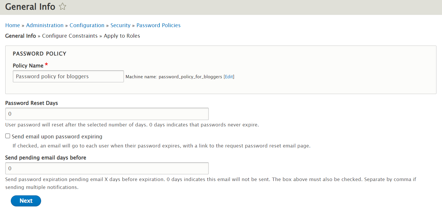In this image: Creating a password policy with the Password Policy module in Drupal