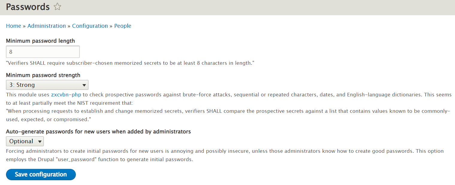 In this image: the settings of the Better Passwords module in Drupal