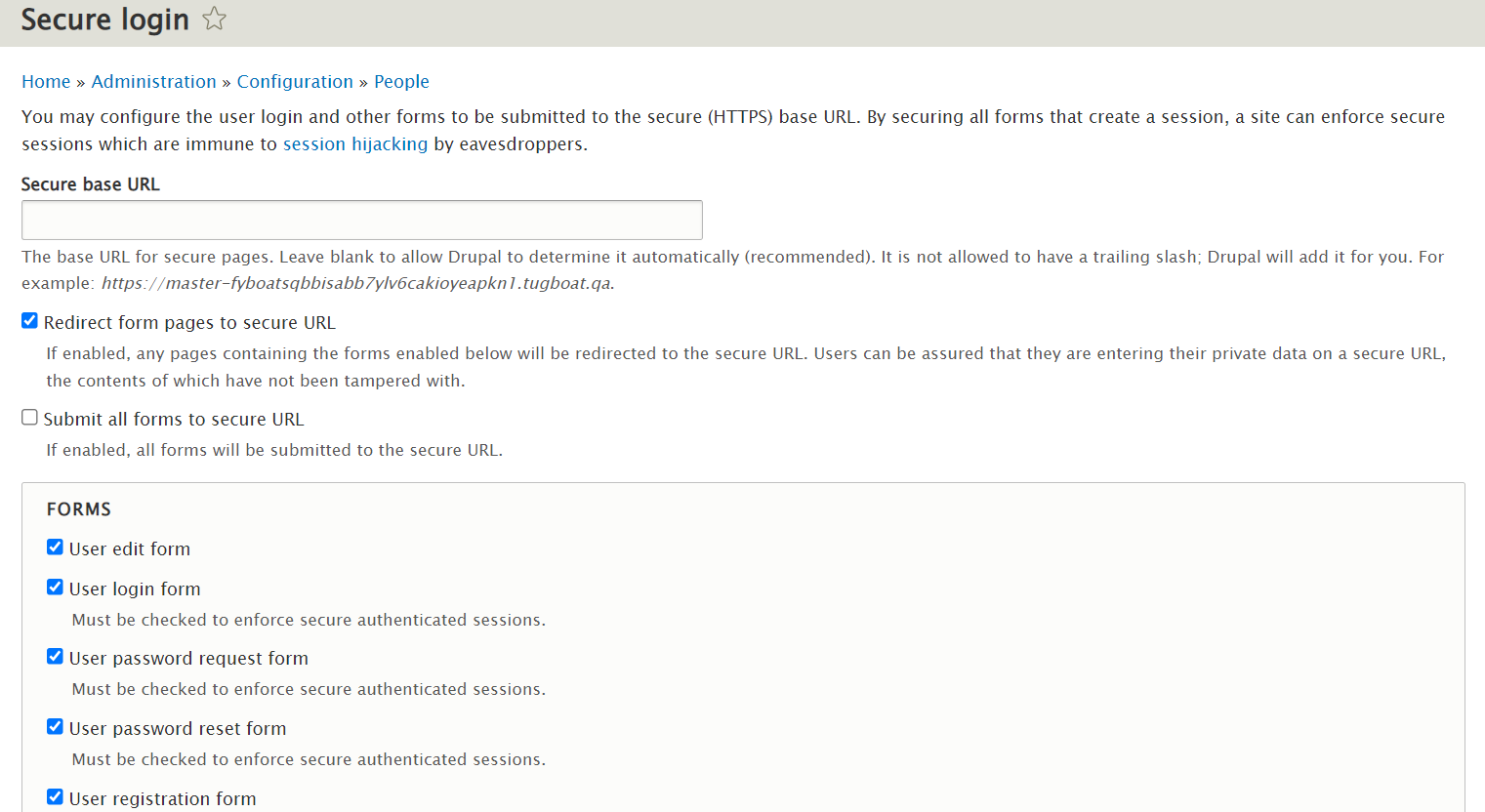 In this image: The settings of the Secure Login module.