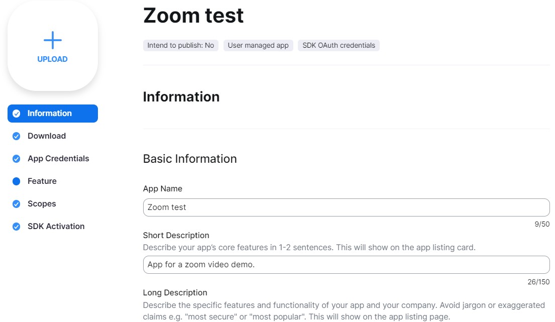 Filling out the Zoom app details.