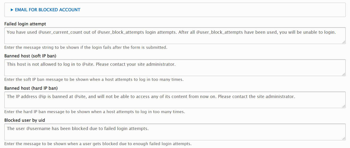 In this image: The settings for emails for blocked accounts of the Login Security module.