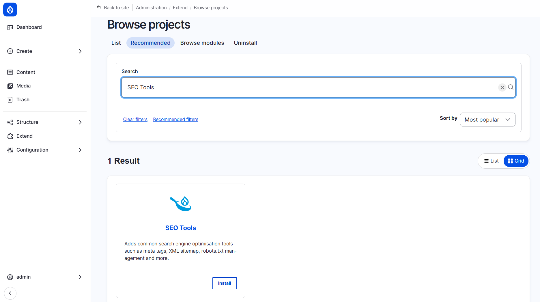 Installing the SEO Tools recipe on a Drupal CMS website