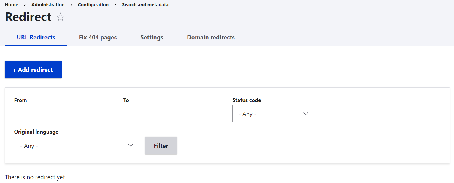 The interface for creating a URL redirect for a Drupal page via the Redirect module