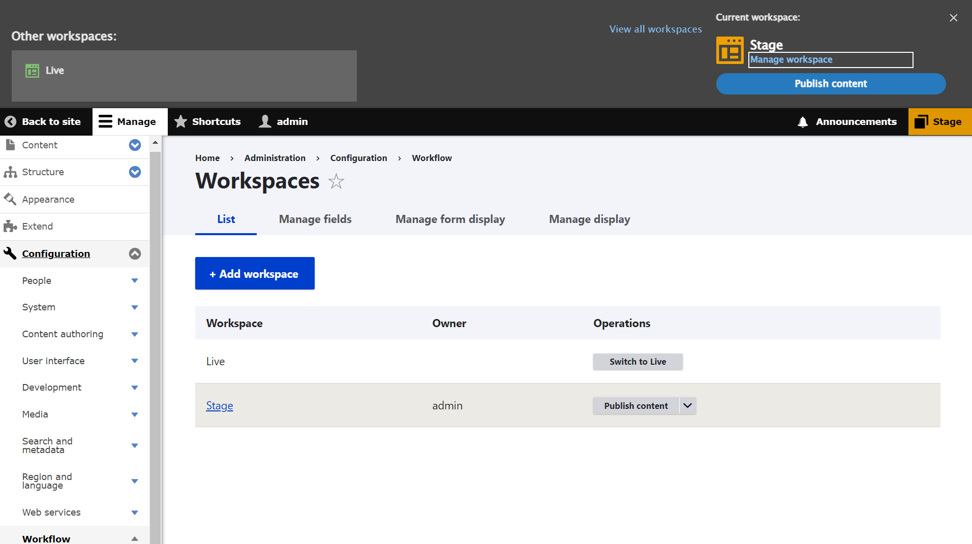 The interface for managing Drupal workspaces.