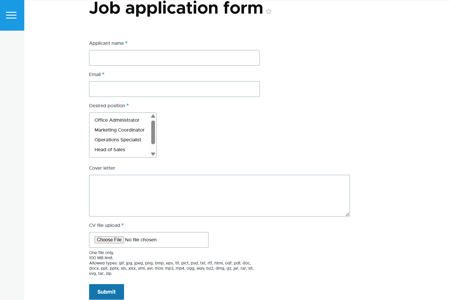 An example of a job application form created via Drupal’s Webform