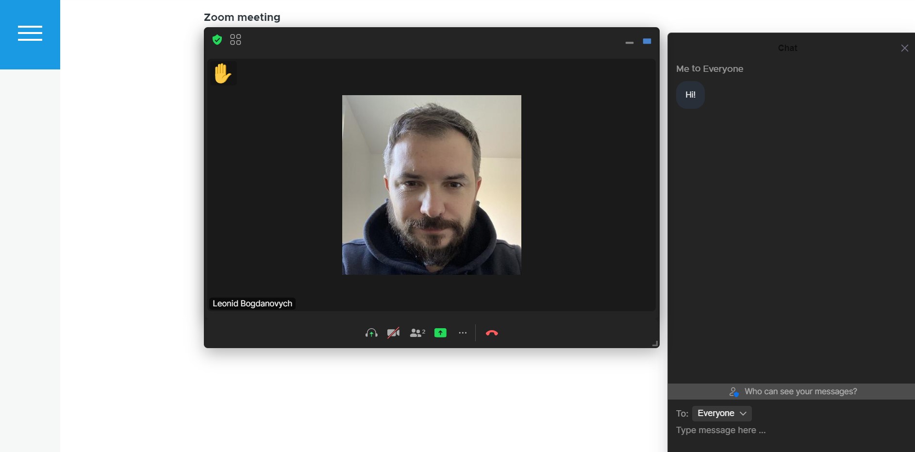 Joining a Zoom meeting from a Drupal page with the chat window open.
