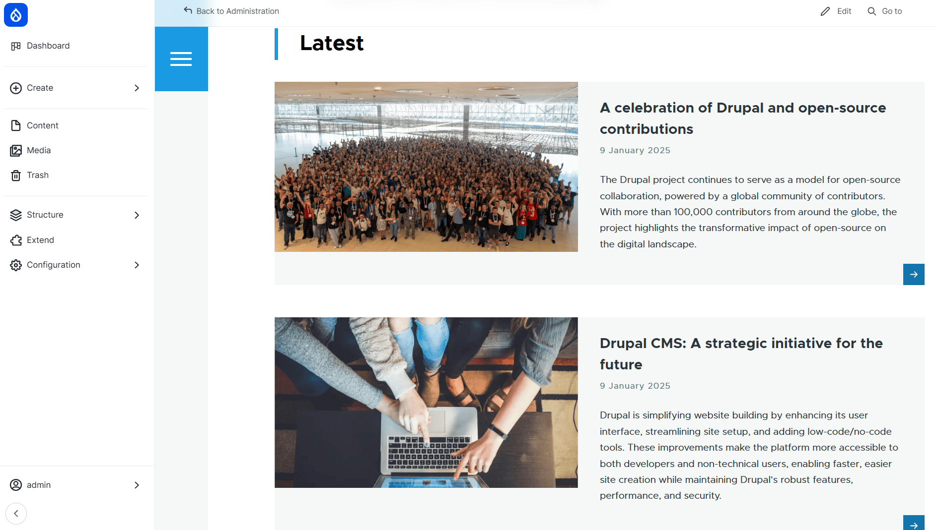 Latest dummy content on Drupal CMS homepage