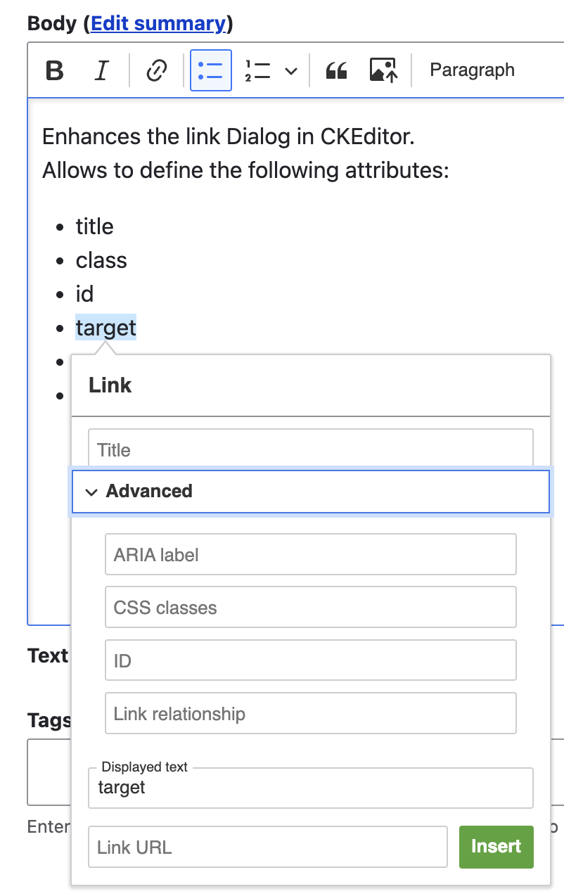 The link dialog by the Editor Advanced Link module in Drupal with the options to add attributes