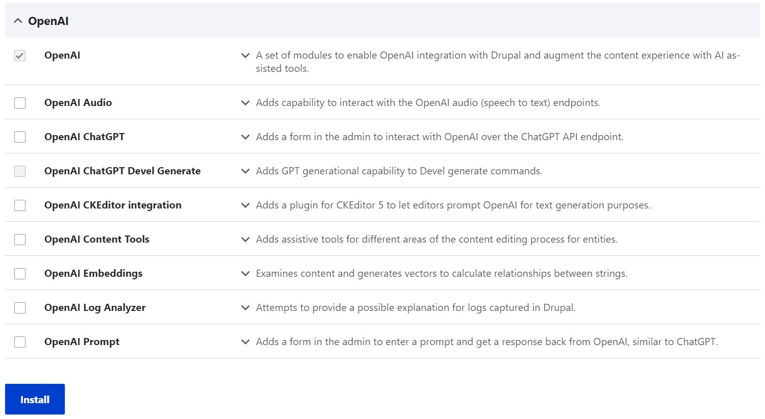 The list of the OpenAI module’s submodules.