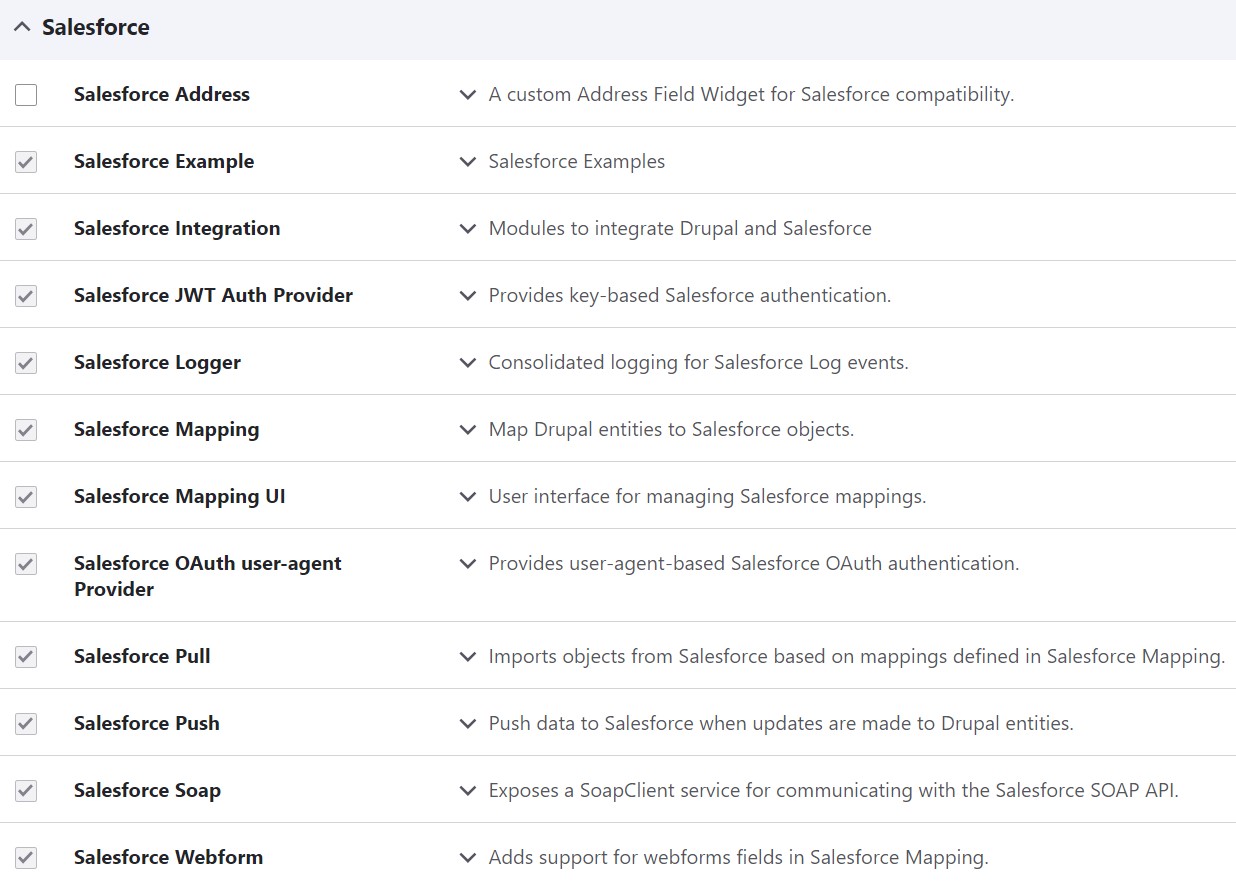The list of submodules in the Salesforce Suite.