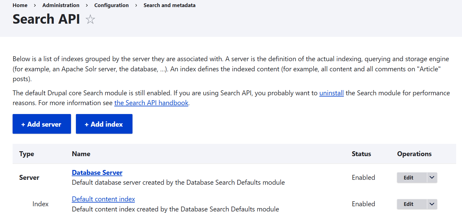 The main configuration page for Drupal’s Search API