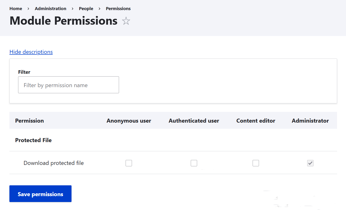 The main permission settings of the Protected File module in Drupal