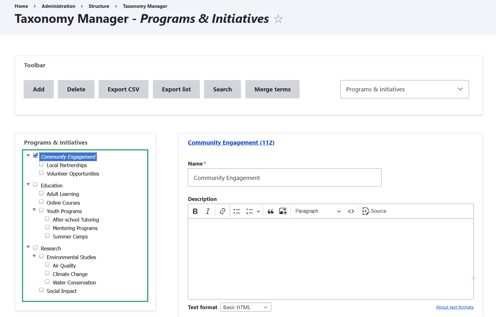 The interface of the Taxonomy Manager module in Drupal
